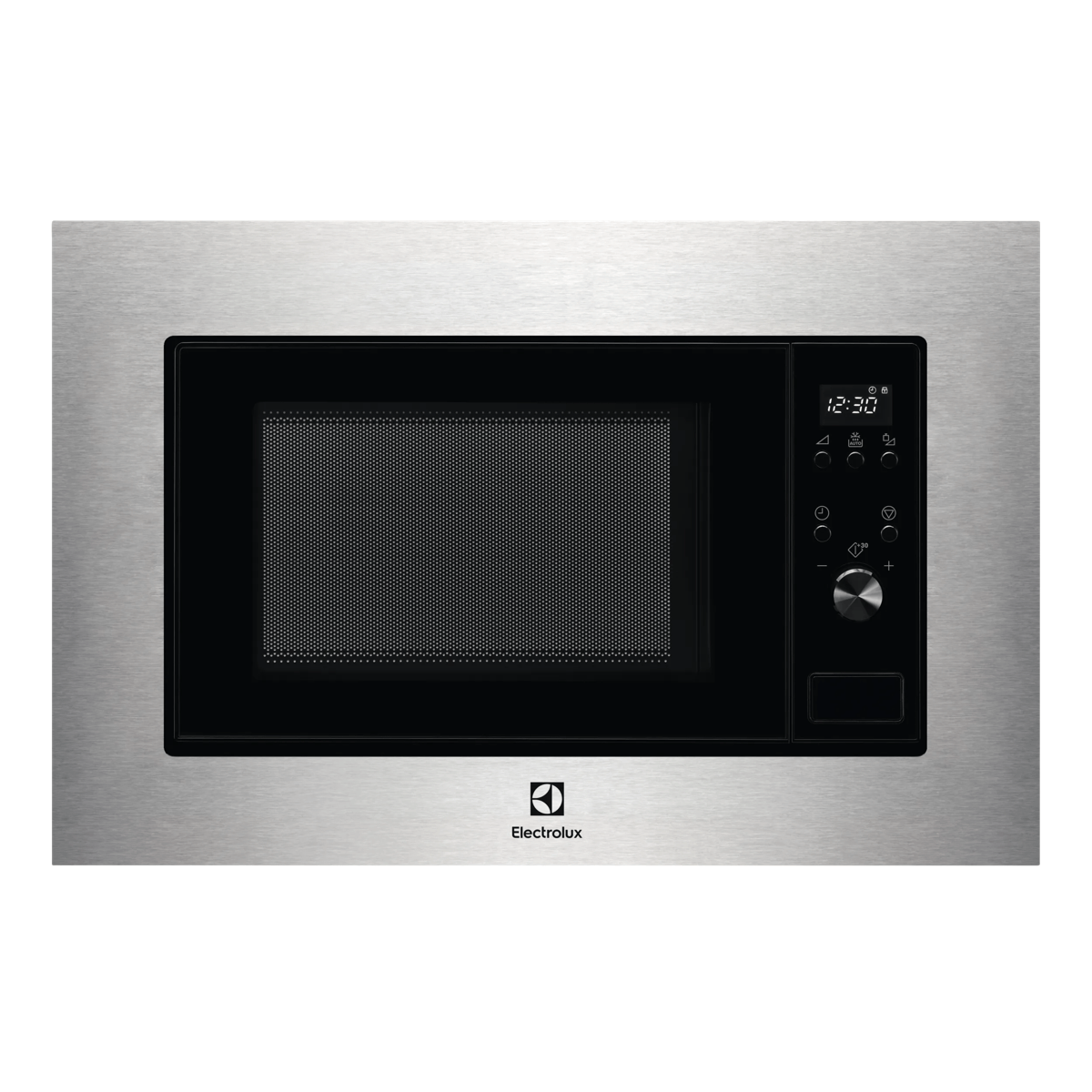 Microondas empotrable plateado de Electrolux con panel de control negro y pantalla digital.