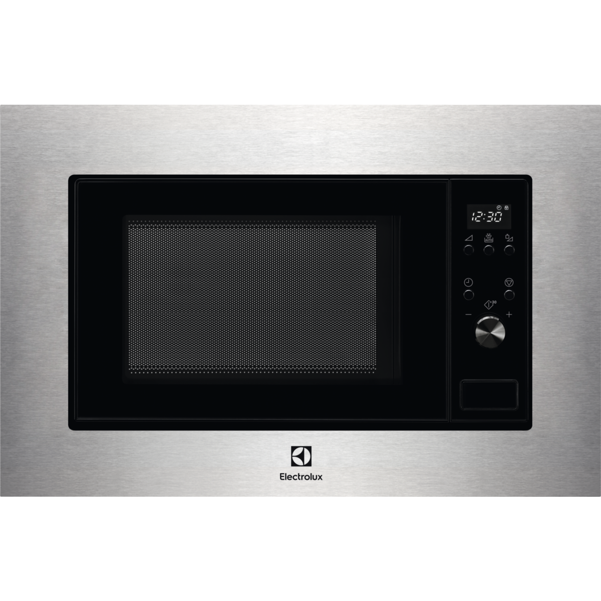 Un microondas empotrable Electrolux con marco de acero inoxidable, puerta de vidrio negro, pantalla digital y botones.