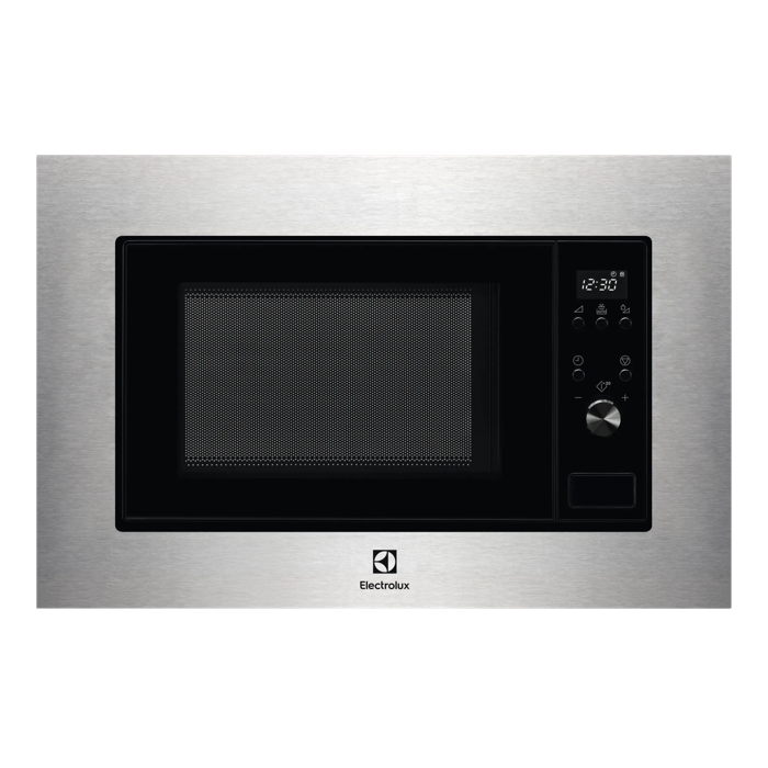 Microondas empotrable plateado con frente negro y pantalla digital de Electrolux.