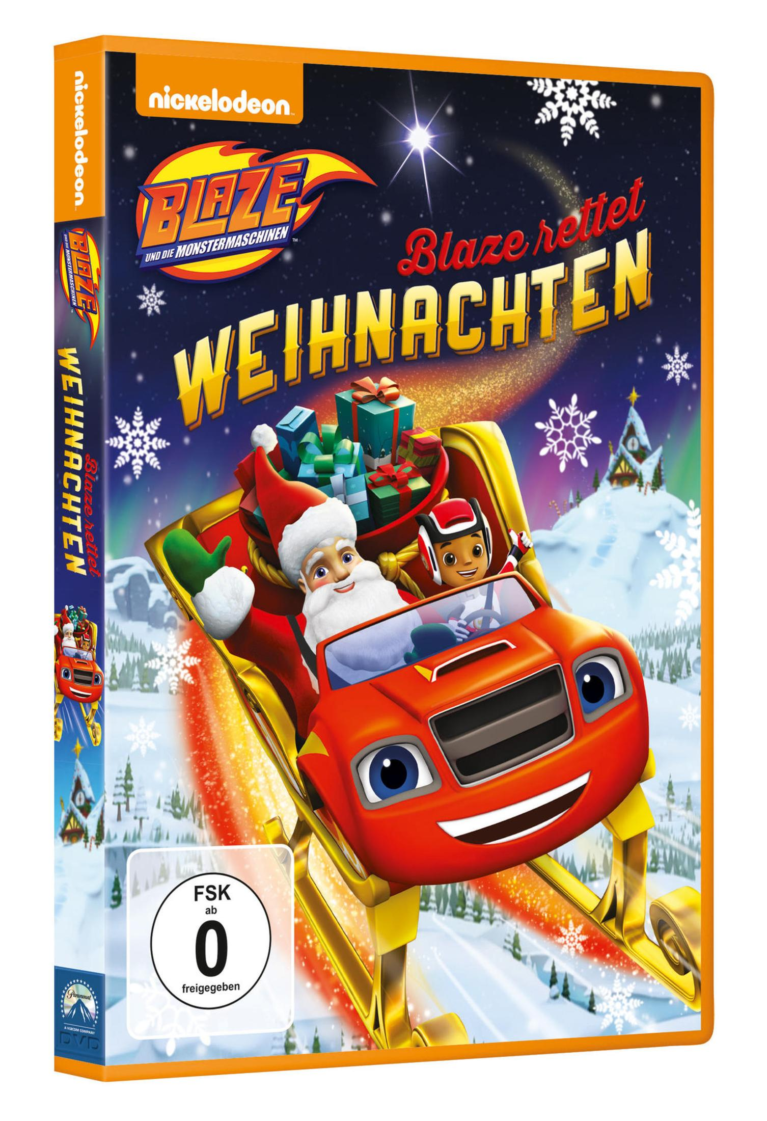 DVD-Cover von Blaze und die Monstermaschinen mit Weihnachtsmotiv, Weihnachtsmann und Geschenken im Schlitten.