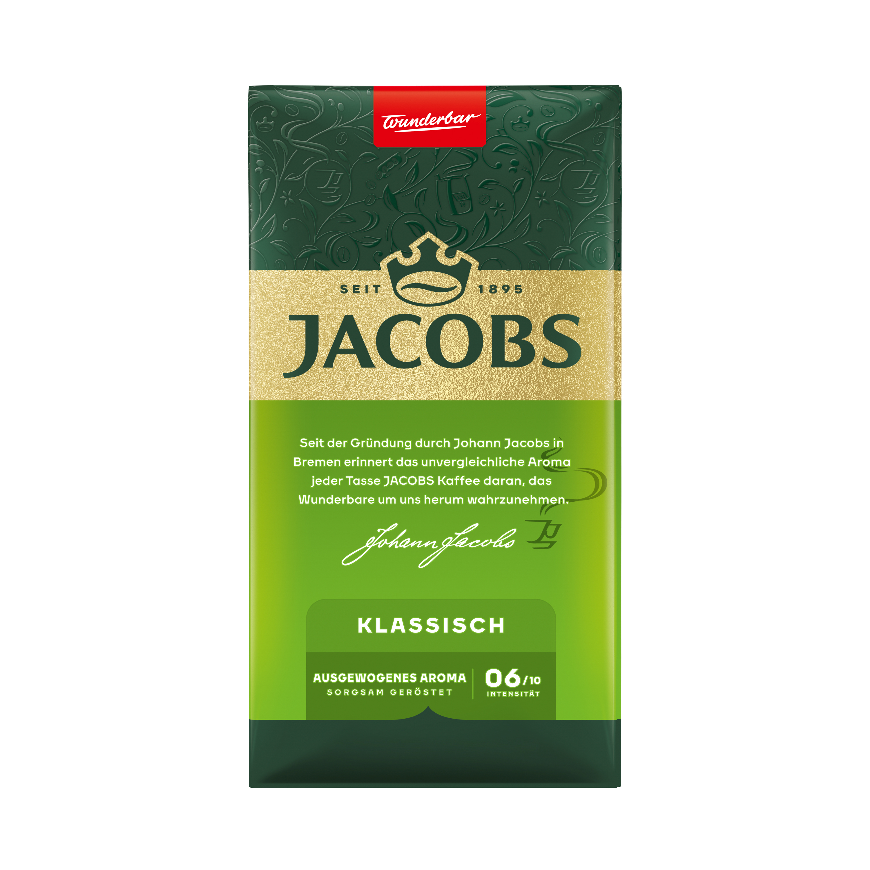 Grüne Jacobs Klassisch Kaffeeverpackung mit goldenem Logo und Text auf der Vorderseite.