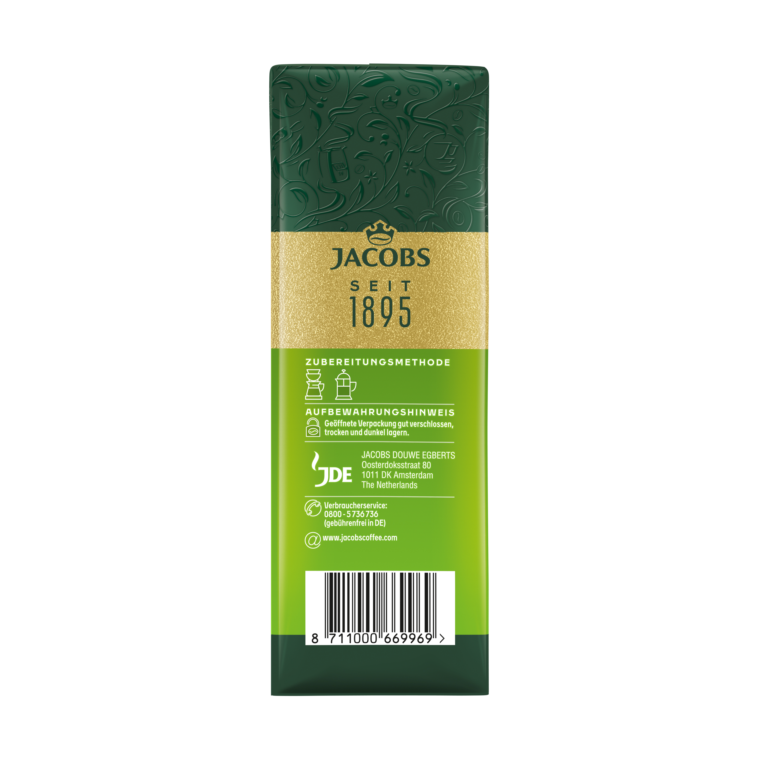 Grüne Jacobs Kaffeeverpackung mit goldenem Logo, Zubereitungshinweisen, Kontaktdaten und einem Strichcode.