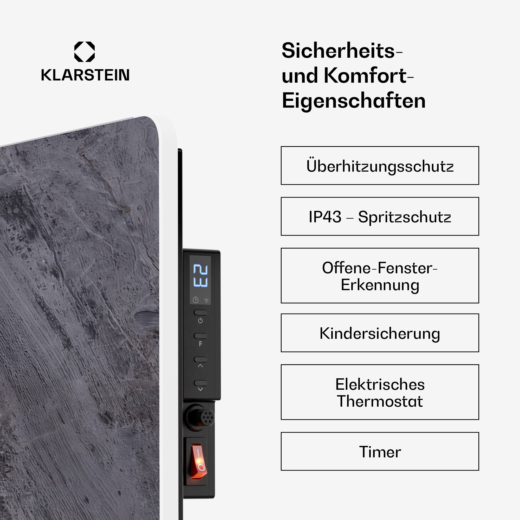 Klarstein Heizpaneel mit Marmor-Design, digitalem Display und Sicherheitseigenschaften wie Überhitzungsschutz.