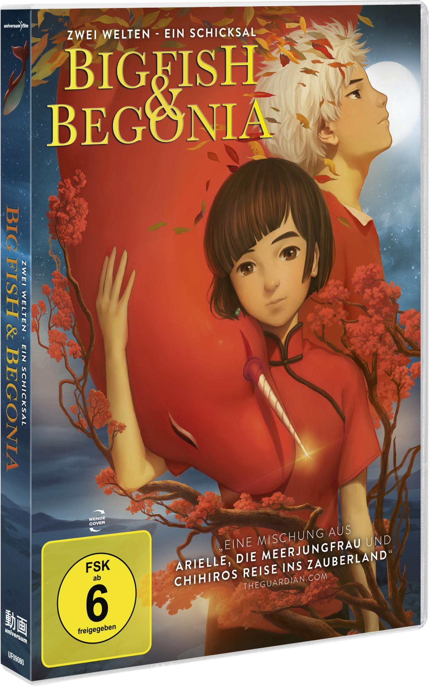 DVD-Cover von Big Fish & Begonia mit Anime-Figuren, rotem Fisch und Bäumen vor nächtlichem Himmel.