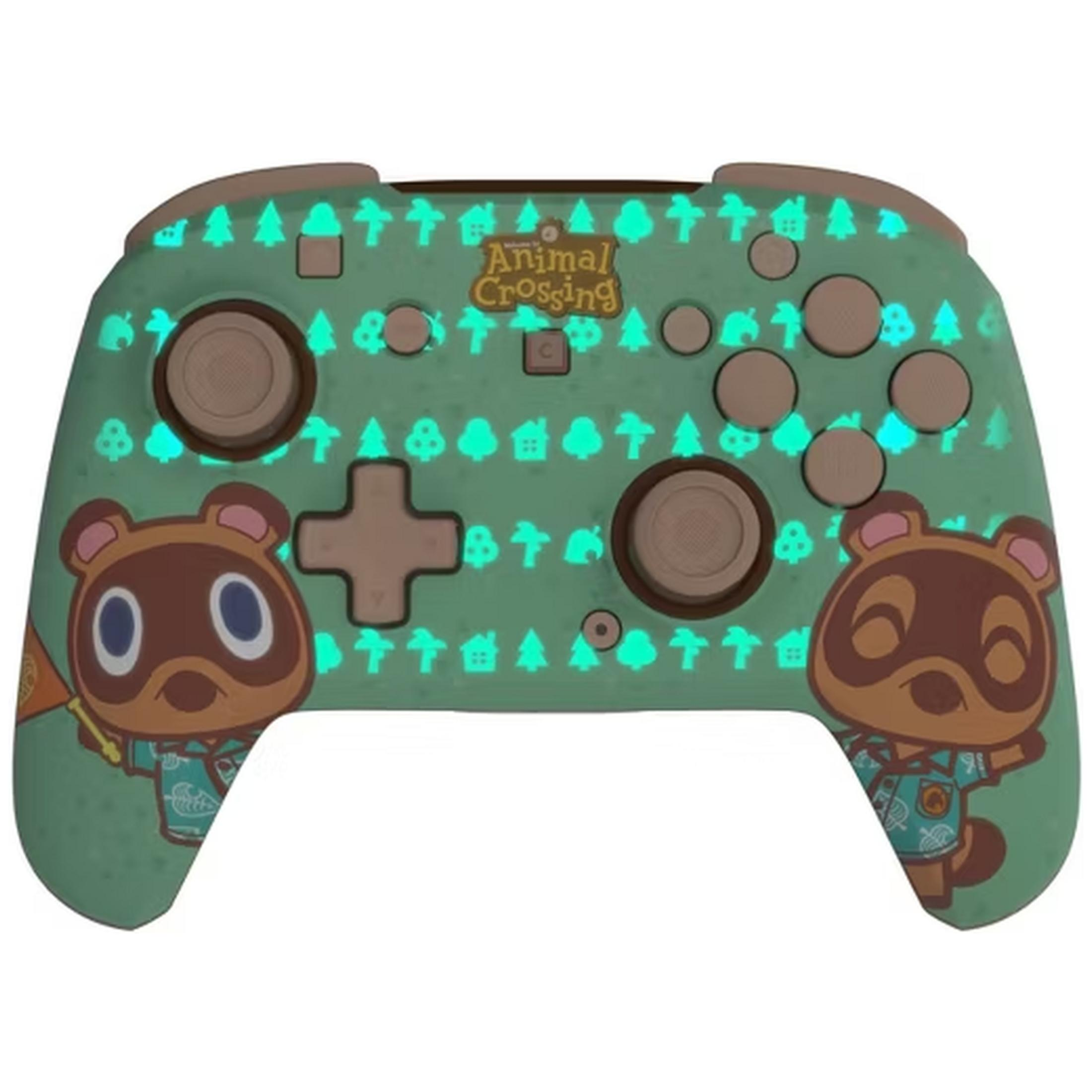 Grüner Animal Crossing Controller mit Tom Nook und Leuchtmotiven.