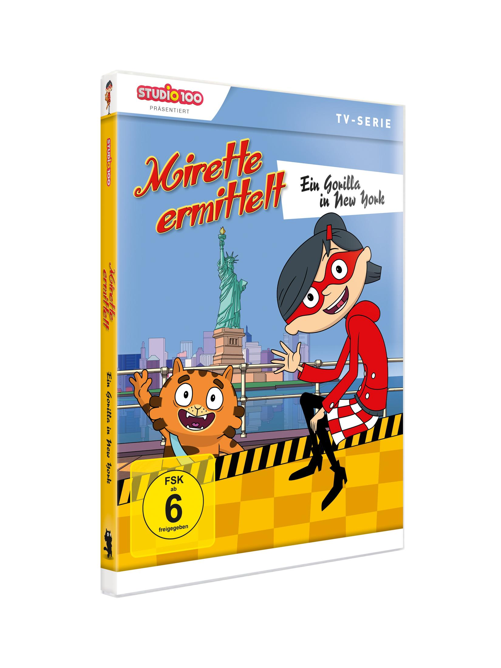 DVD-Cover von Mirette ermittelt mit Statue der Freiheit im Hintergrund, einem Mädchen und einer Katze.
