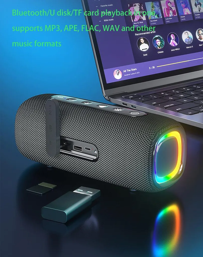 Ein tragbarer Bluetooth-Lautsprecher mit farbiger Beleuchtung, Anschlüssen, einer TF-Karte und einem USB-Stick daneben.