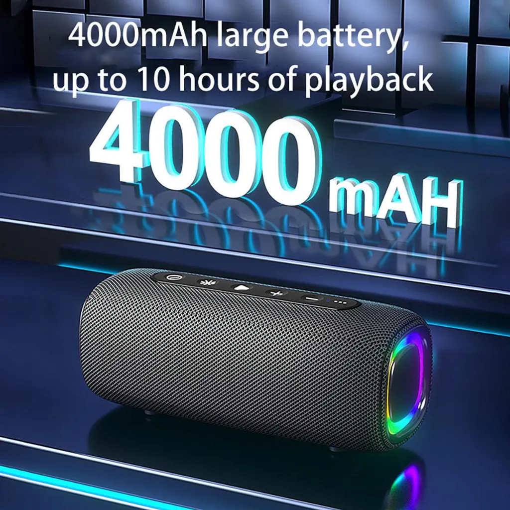 Ein zylindrischer schwarzer Bluetooth-Lautsprecher mit RGB-Beleuchtung auf blauem Hintergrund und 4000mAh Text.