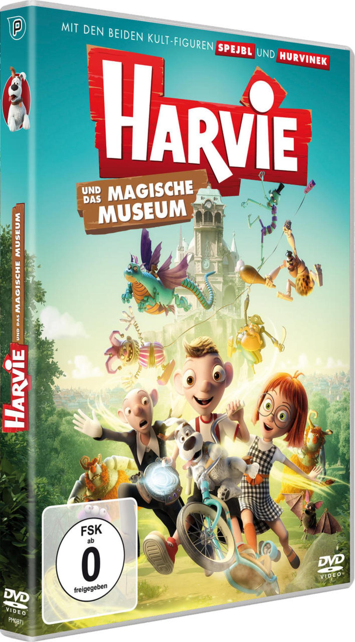 DVD-Cover von Harvie und das magische Museum mit den animierten Figuren, Hunden und Schloss im Hintergrund.