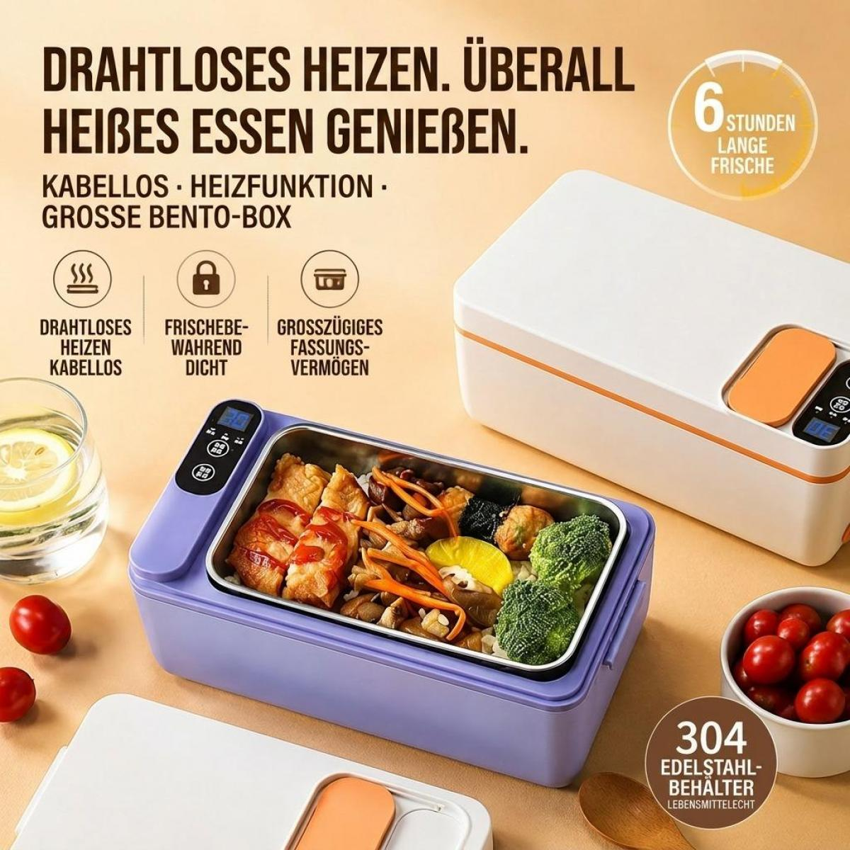 Werbebild für eine kabellose, beheizbare Bento-Box mit frischem Essen, Edelstahlbehälter und deutscher Produktbeschreibung.