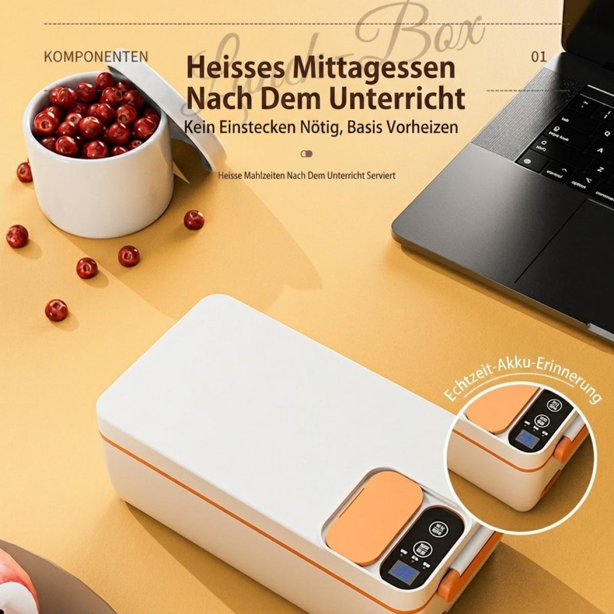 Eine weiße und orangefarbene Lunchbox auf gelbem Grund mit Laptop und Kirschen.
