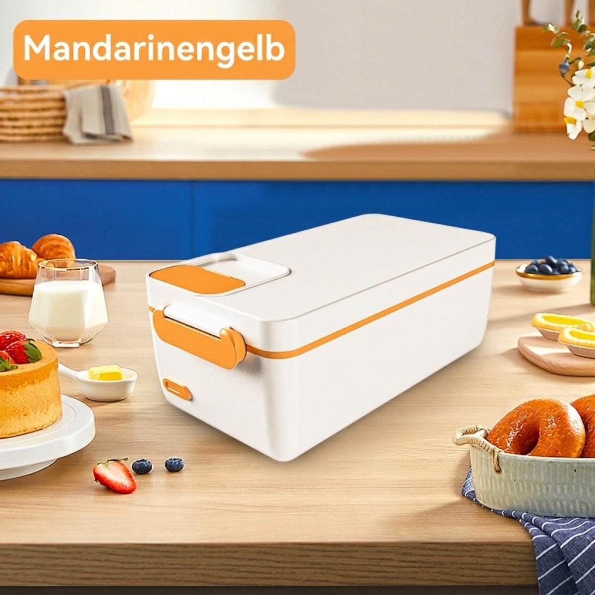 Eine weiße Lunchbox mit orangefarbenen Akzenten steht auf einem Holztisch, umgeben von Frühstückspeisen.