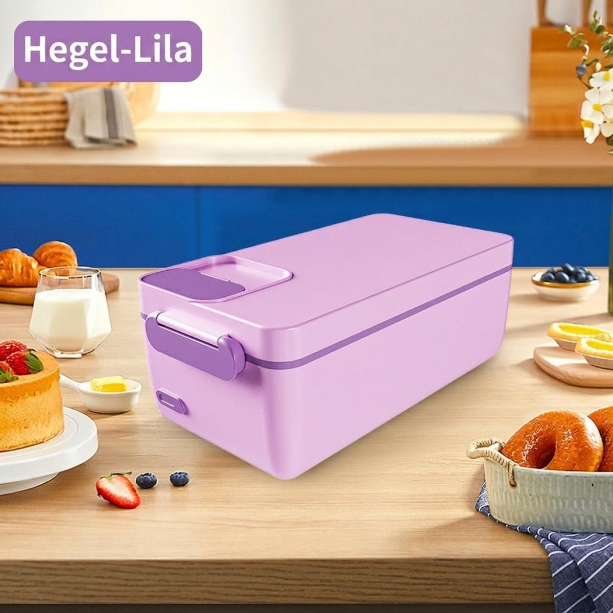 Eine lila Lunchbox auf einem Holztisch, umgeben von Frühstücksartikeln und Obst.