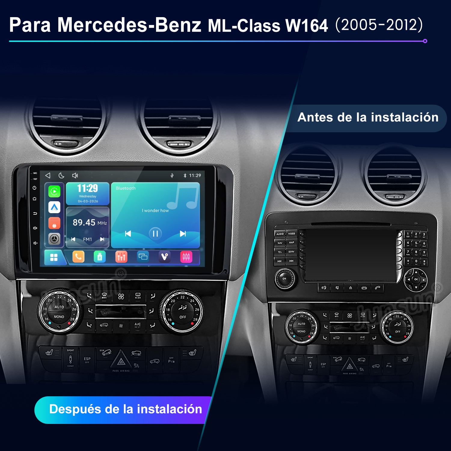 Comparación de la consola del Mercedes ML-Class W164 antes y después de instalar una nueva radio táctil.