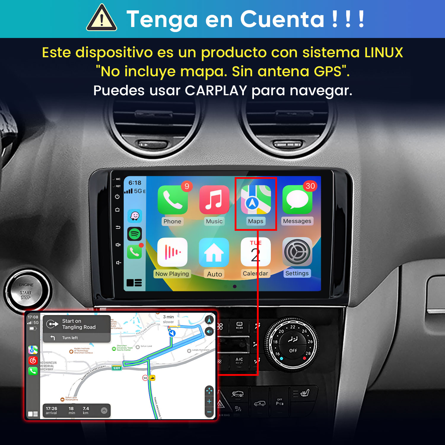 Radio de coche Linux en salpicadero, pantalla muestra interfaz CarPlay sin antena GPS.