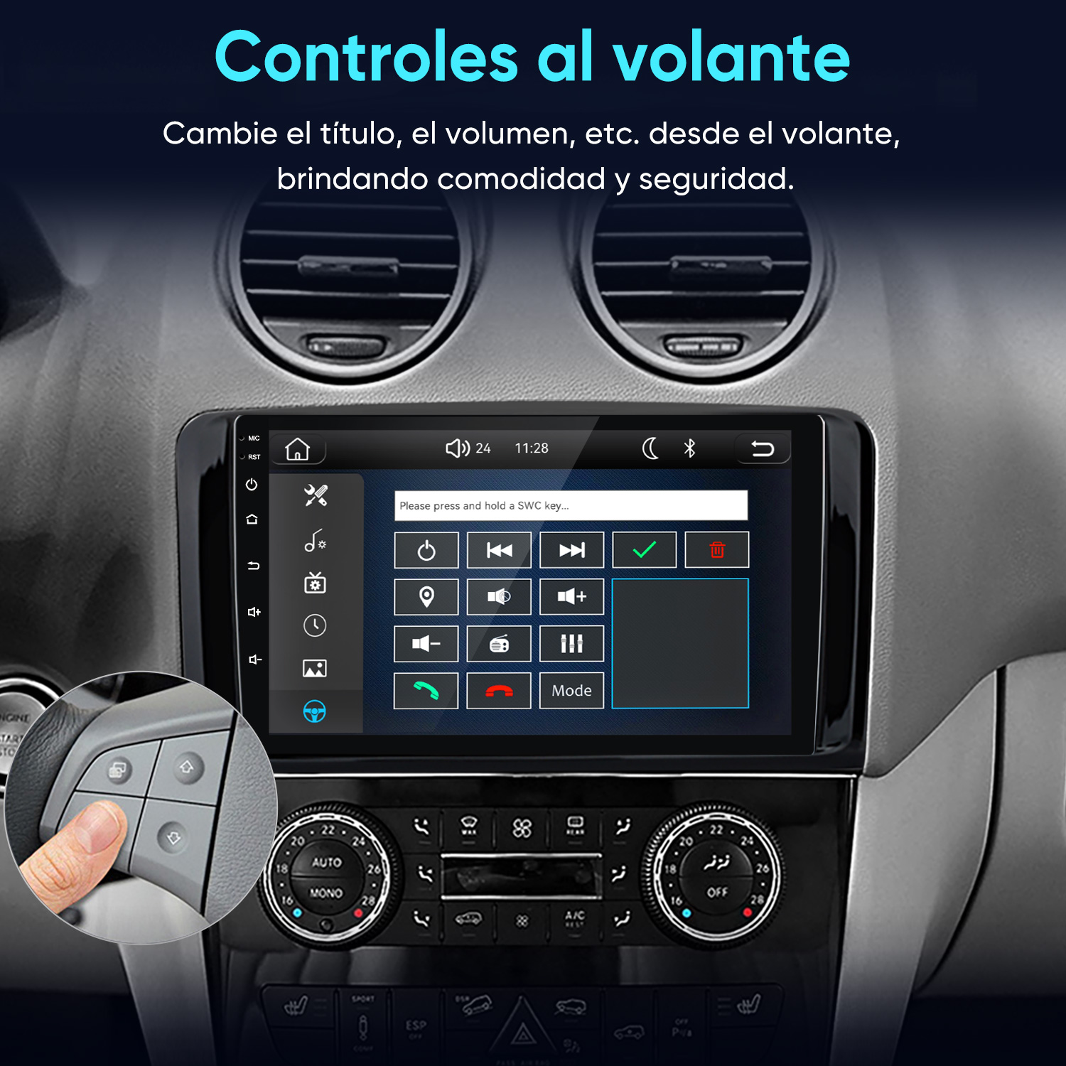 Interior de coche con sistema de infoentretenimiento táctil y controles en el volante.