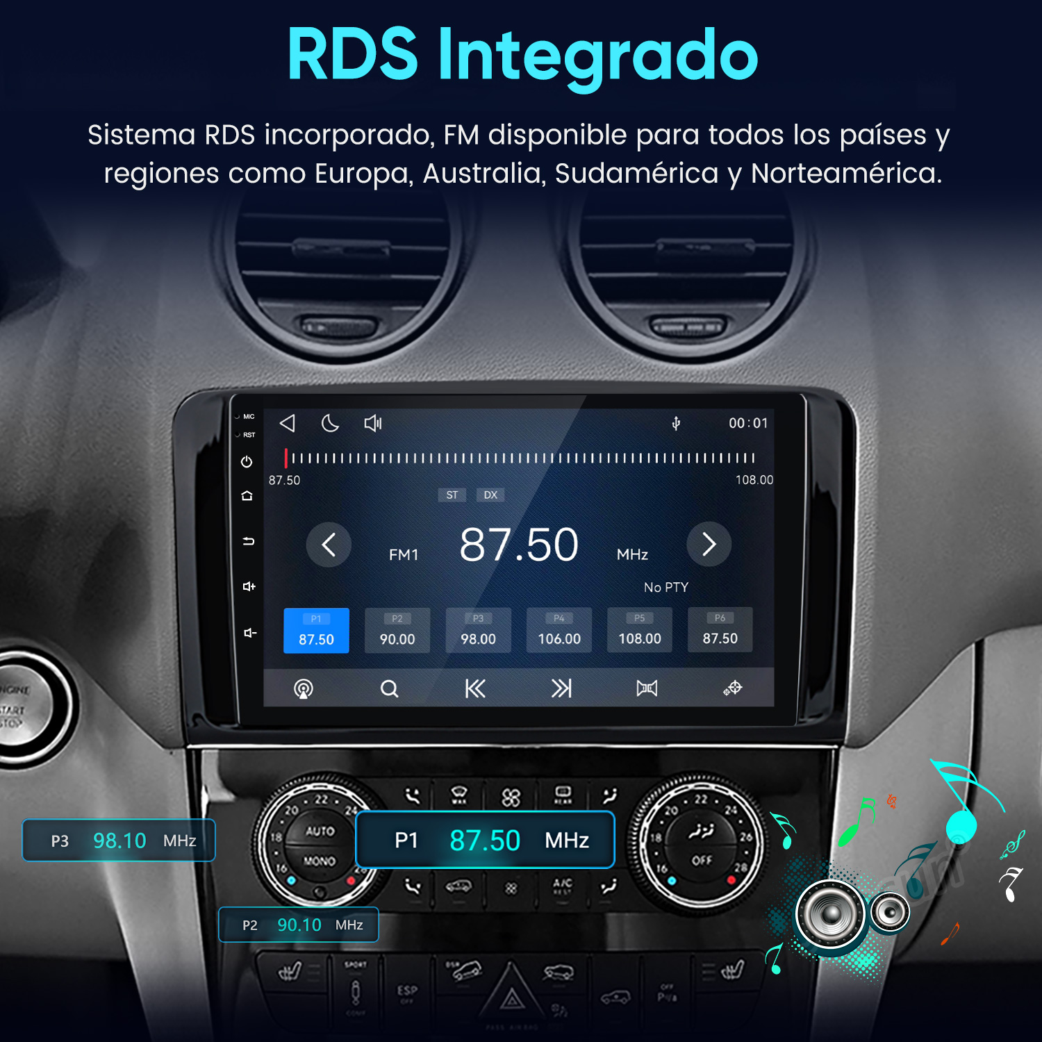 Salpicadero con un receptor multimedia digital, pantalla de radio FM, números de frecuencia e iconos musicales.