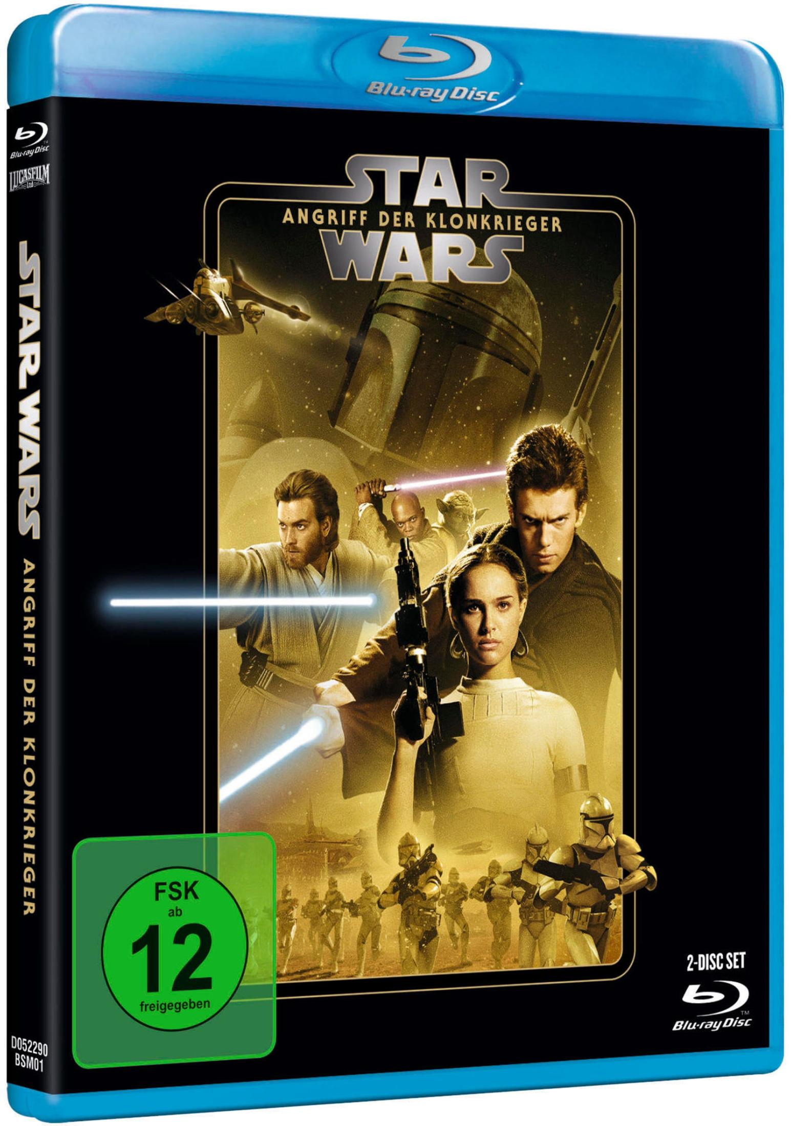 Star Wars Episode II Blu-ray Cover mit Charakteren wie Anakin Skywalker und Obi-Wan Kenobi in Goldtönen.