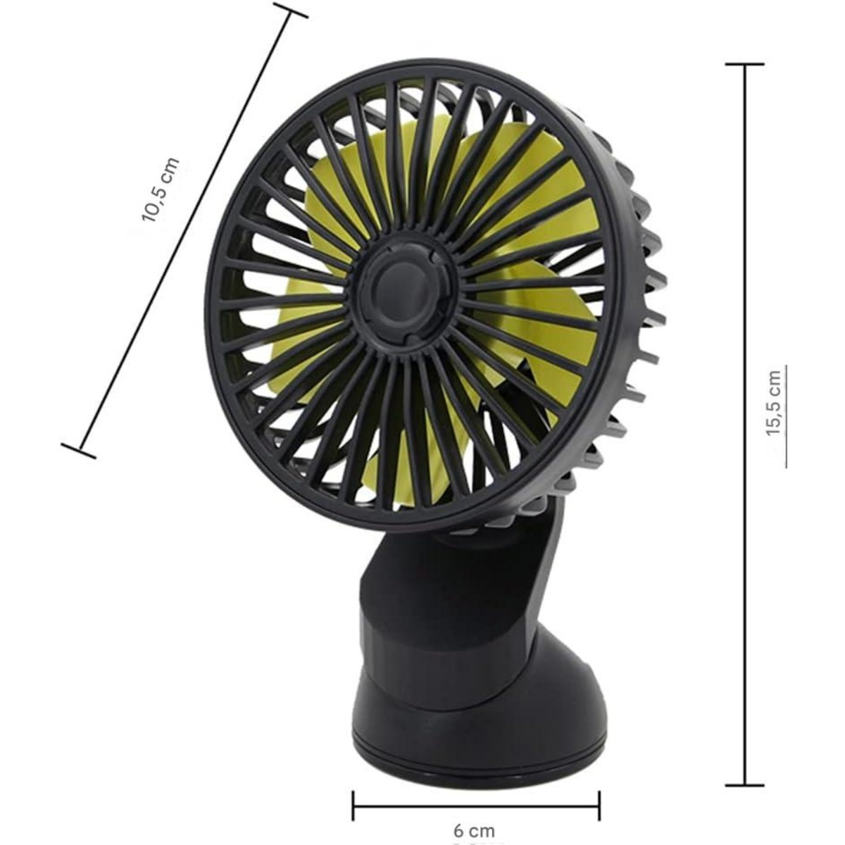 Ein schwarzer Tischventilator mit gelben Blättern und Maßlinien vor weißem Hintergrund.