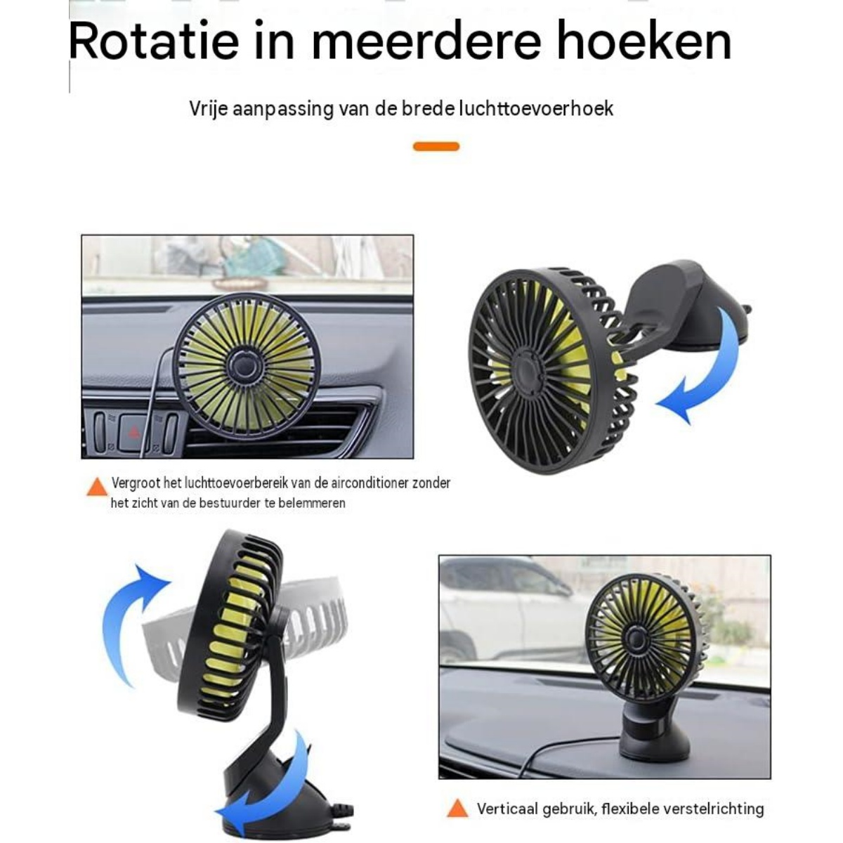 Ein kleiner schwarzer Autoventilator mit gelben Flügeln und Saugfuß, in verschiedenen Winkeln und Positionen gezeigt.