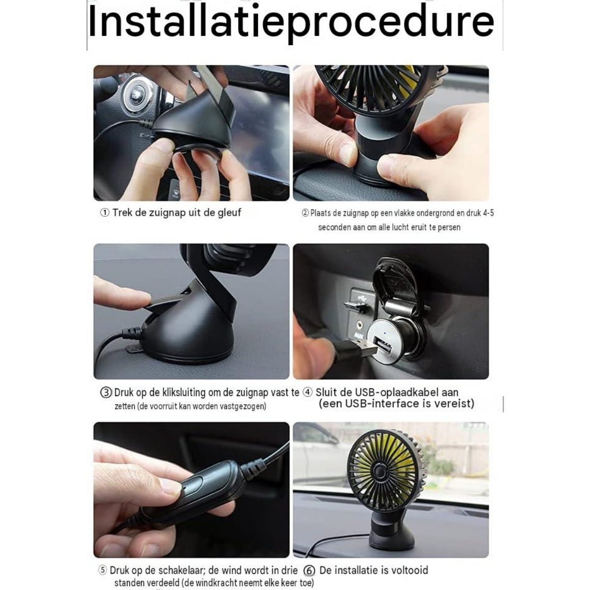 Sechsschrittanleitung zur Installation eines kleinen Autoventilators mit Saugnapf und USB-Anschluss.
