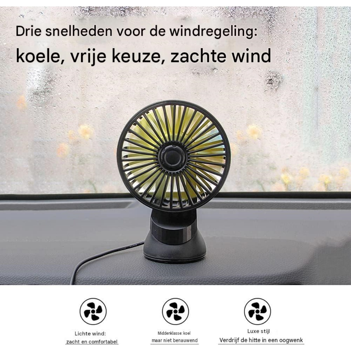 Kleiner schwarzer Ventilator auf einem Armaturenbrett, Text oben und Symbole unten.