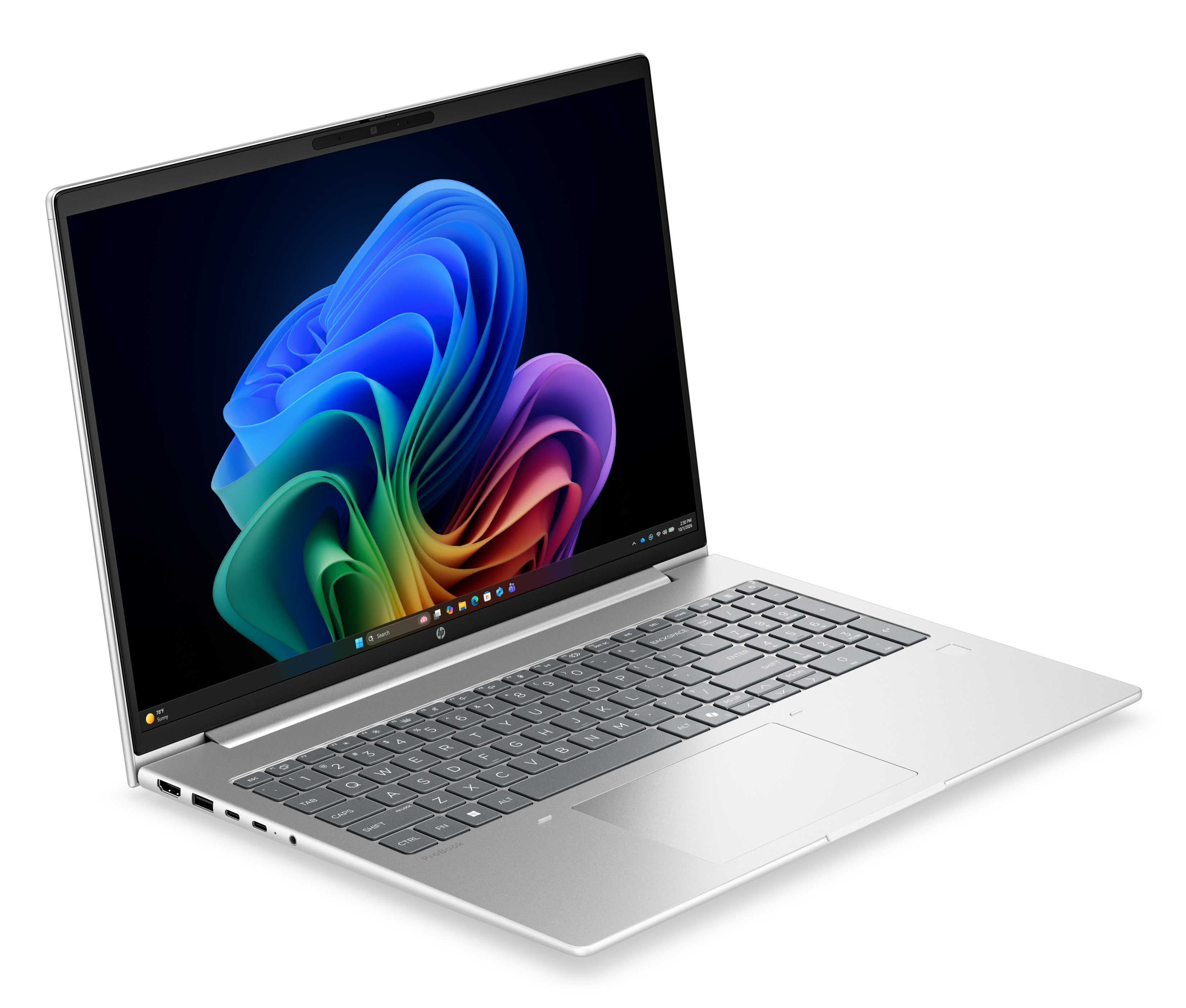 Un computer portatile HP argento su sfondo bianco, con un colorato sfondo astratto di Windows sullo schermo.