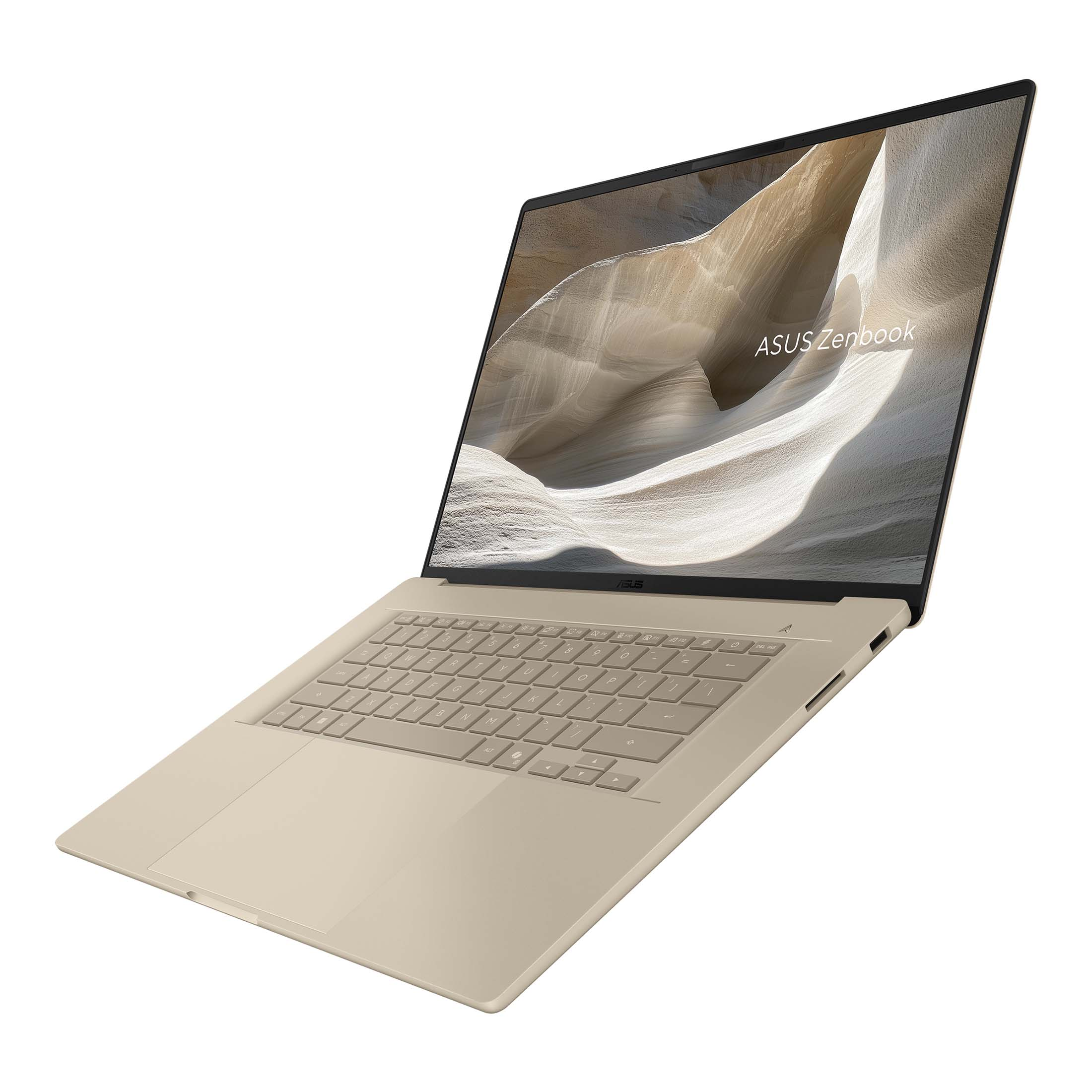 Ein offener, goldfarbener ASUS Zenbook Laptop im Winkel auf weißem Hintergrund mit Tastatur und Schlucht-Hintergrundbild.