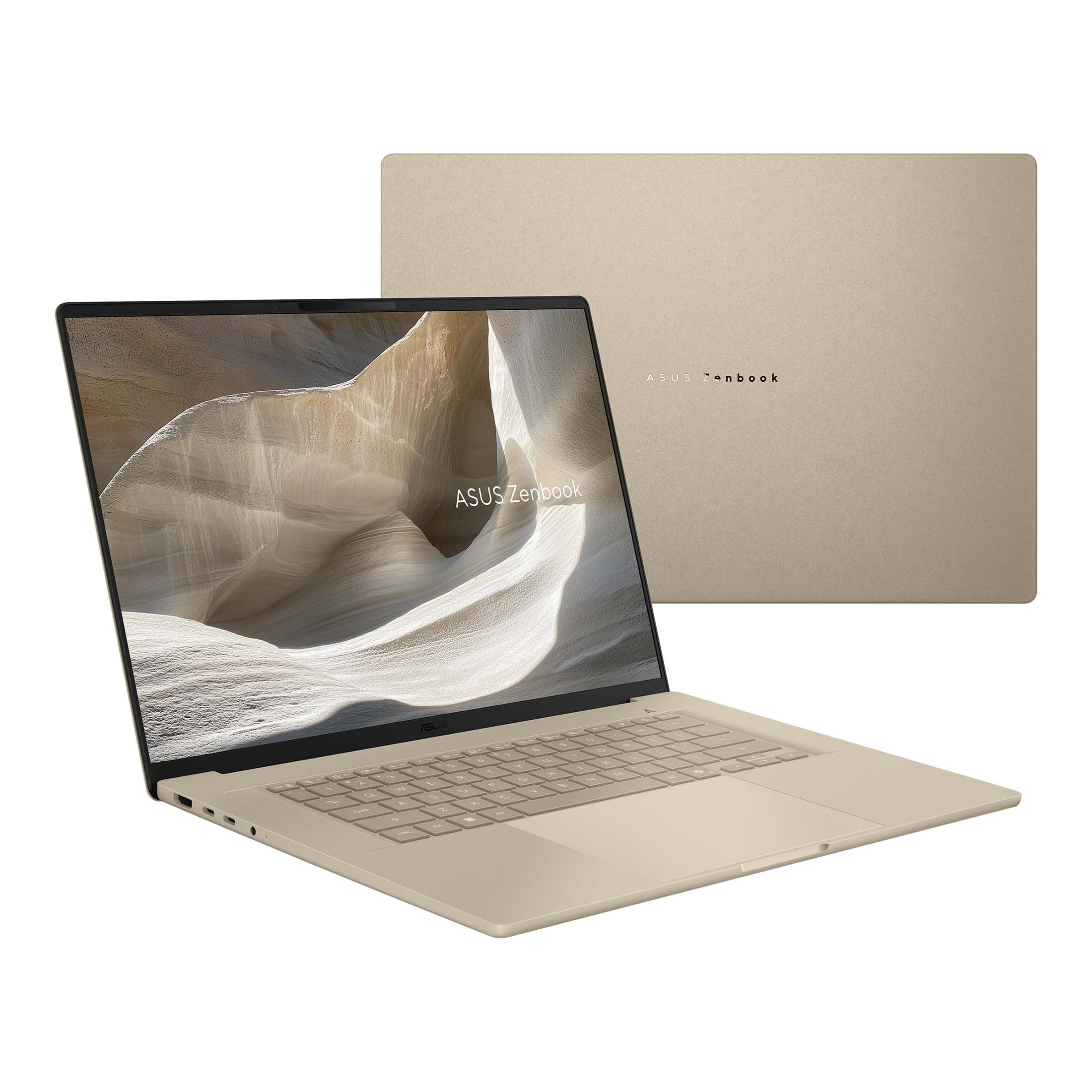 Ein goldener Asus Zenbook Laptop mit offenem Bildschirm und geschlossener Ansicht im Hintergrund.