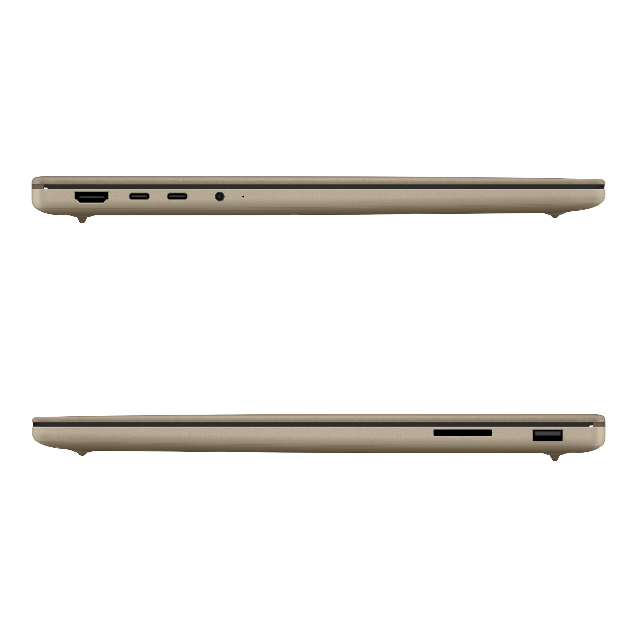 Seitenansichten eines goldenen Laptops mit HDMI-, USB-C- und Audio-Anschlüssen auf einer Seite und USB-Port auf der anderen.