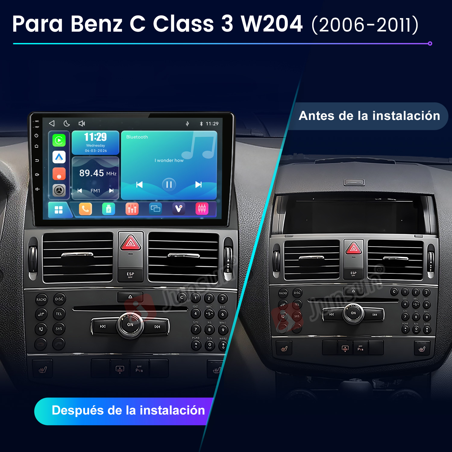 Comparación de la consola central del Mercedes Clase C W204 antes y después de instalar una radio táctil moderna.