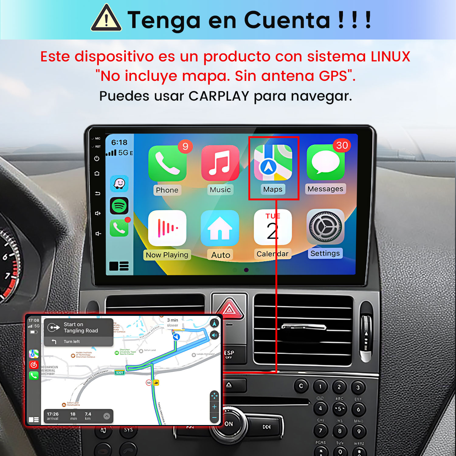 Un sistema de infoentretenimiento de automóvil muestra Apple CarPlay y texto en español advirtiendo sobre antenas GPS.