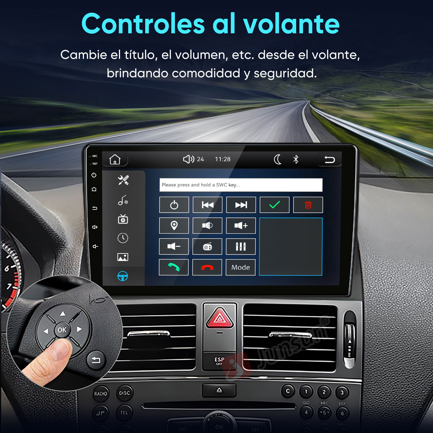 Pantalla de coche muestra menú de control, detalle muestra botones del volante.