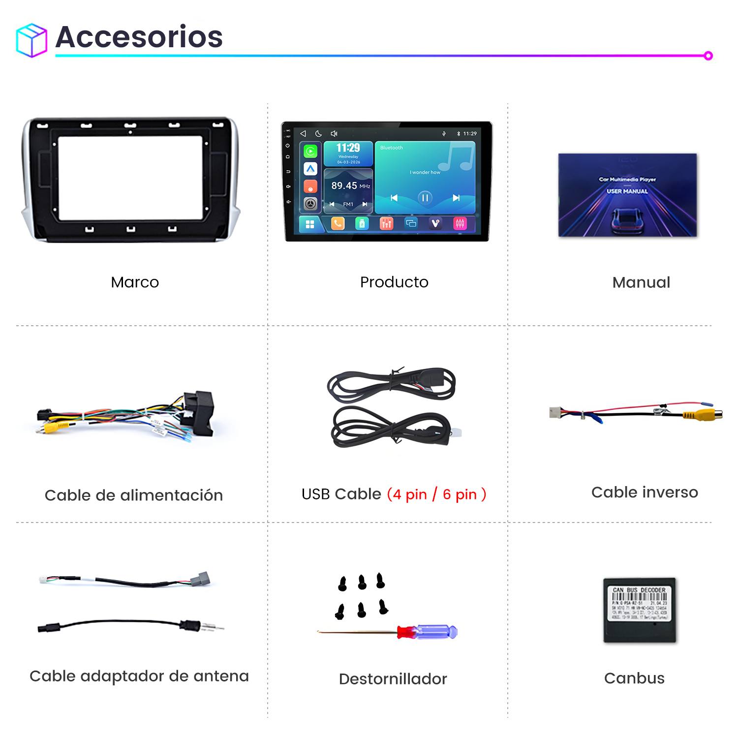 Cuadrícula con accesorios multimedia para coche como pantalla, marco, cables, herramientas y manual.