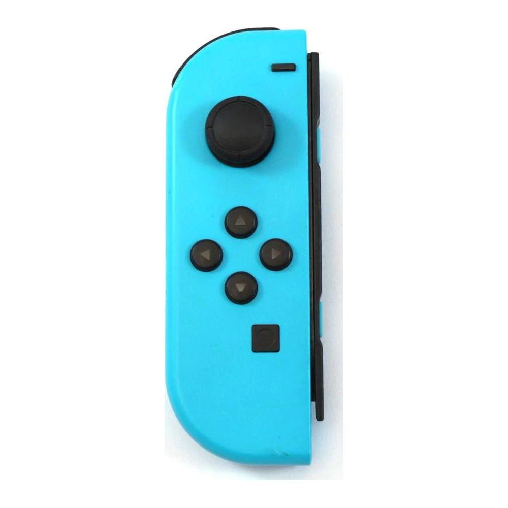Ein blauer Nintendo Switch Joy-Con Controller mit schwarzen Tasten auf weißem Hintergrund.