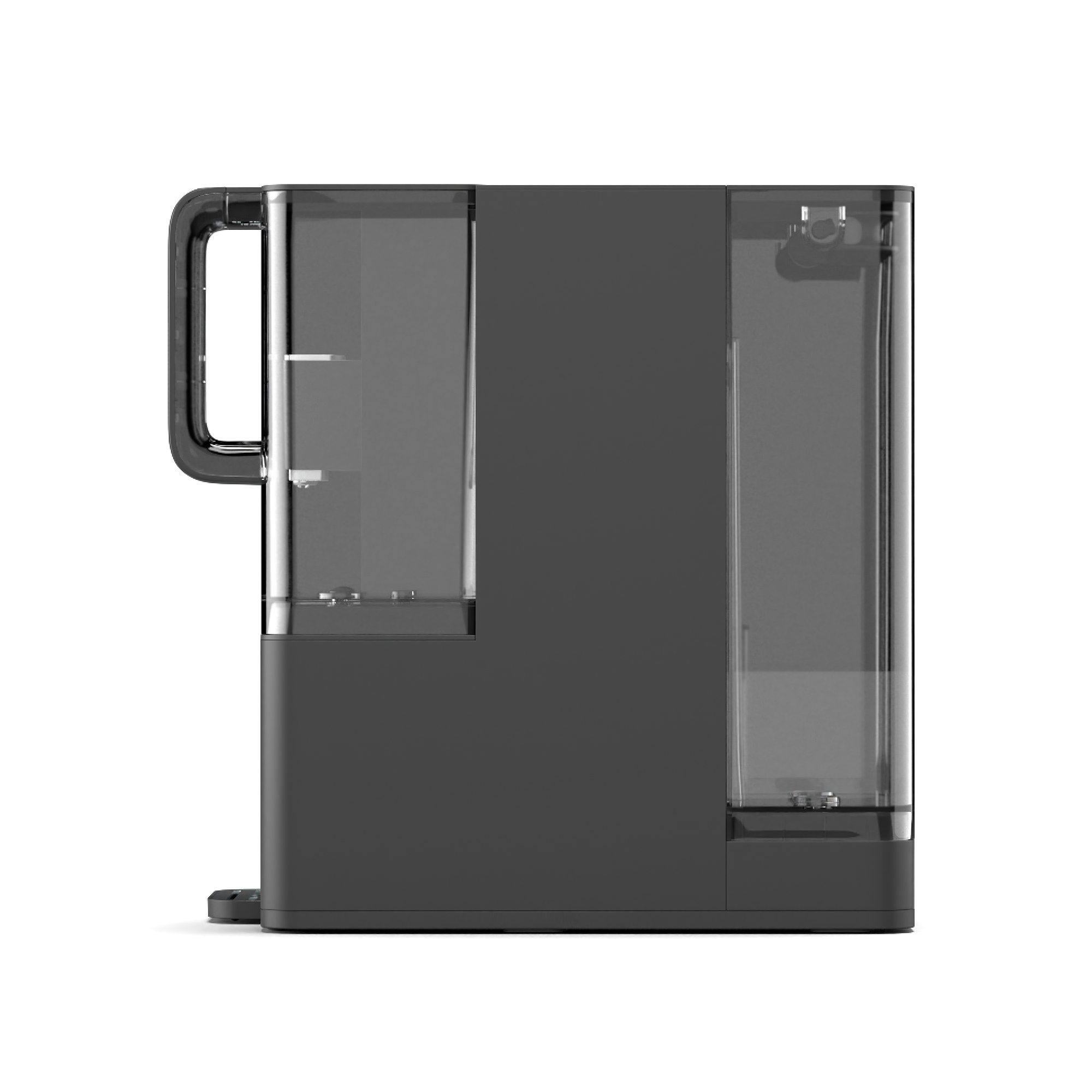 Moderne schwarze Kaffeemaschine in Seitenansicht mit zwei transparenten Wassertanks auf weißem Hintergrund.