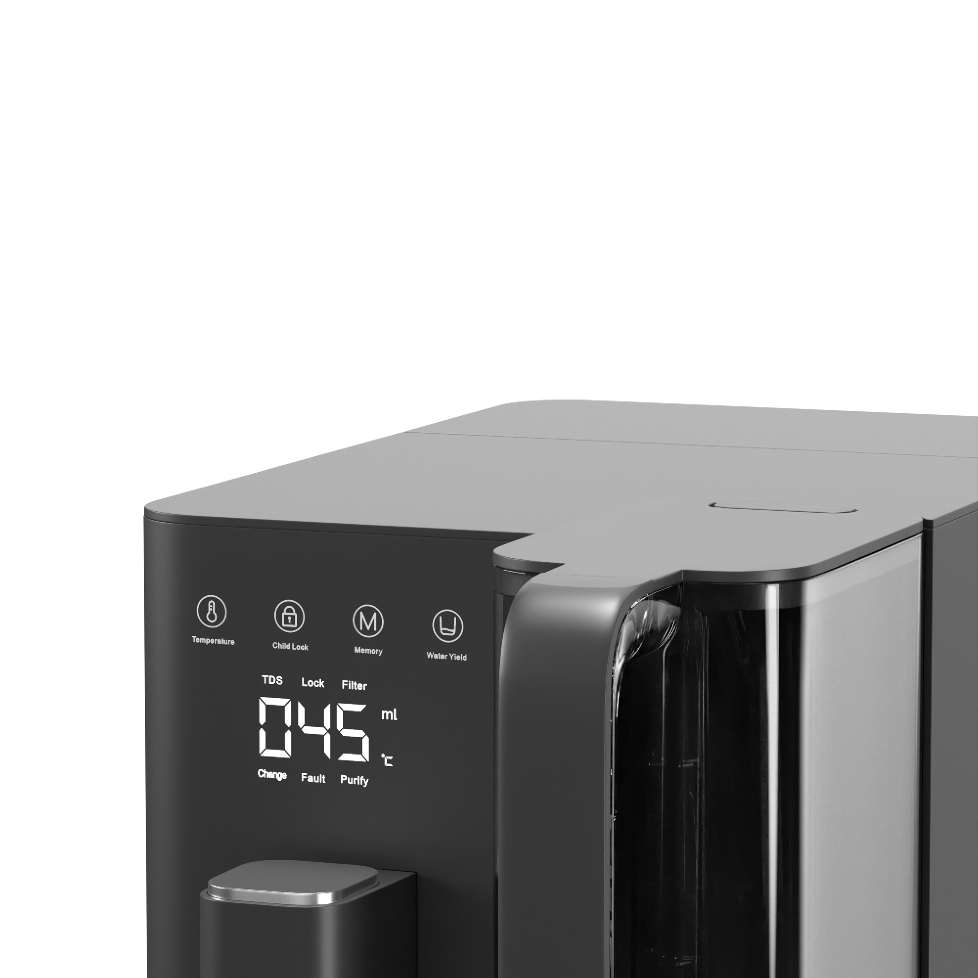 Nahaufnahme eines schwarzen Wasserspenders mit digitaler Anzeige und Touch-Bedienfeldern vor weißem Hintergrund.