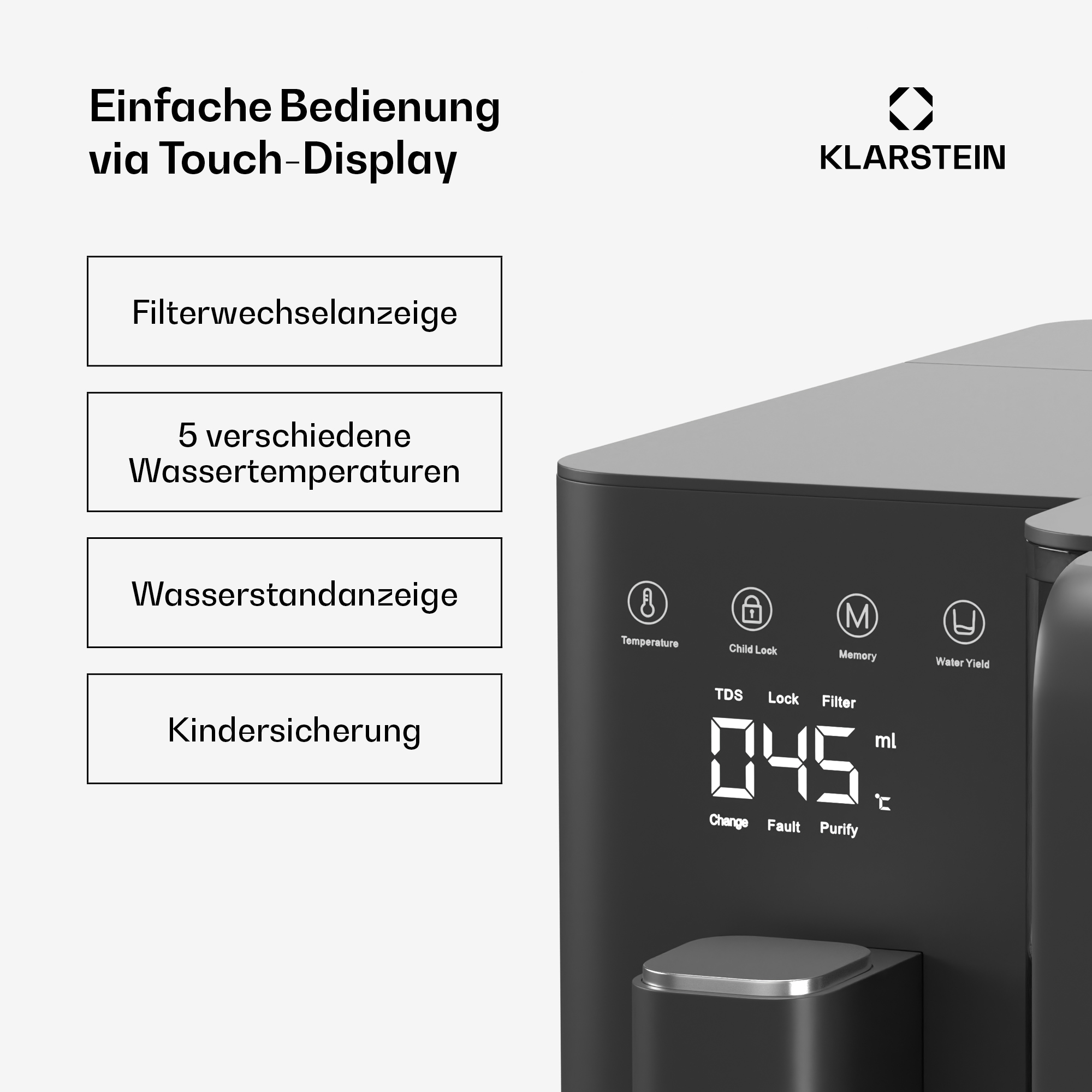 Klarstein Touch-Display mit Funktionen wie Temperatur, Kindersicherung und Wasserstandanzeige.