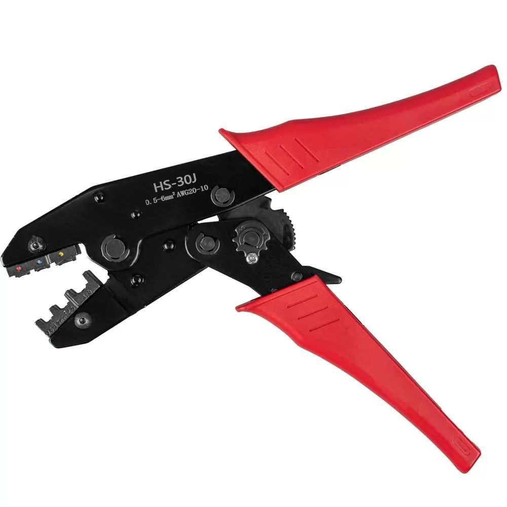 Schwarze HS-30J Crimpzange mit roten Griffen auf weißem Hintergrund.