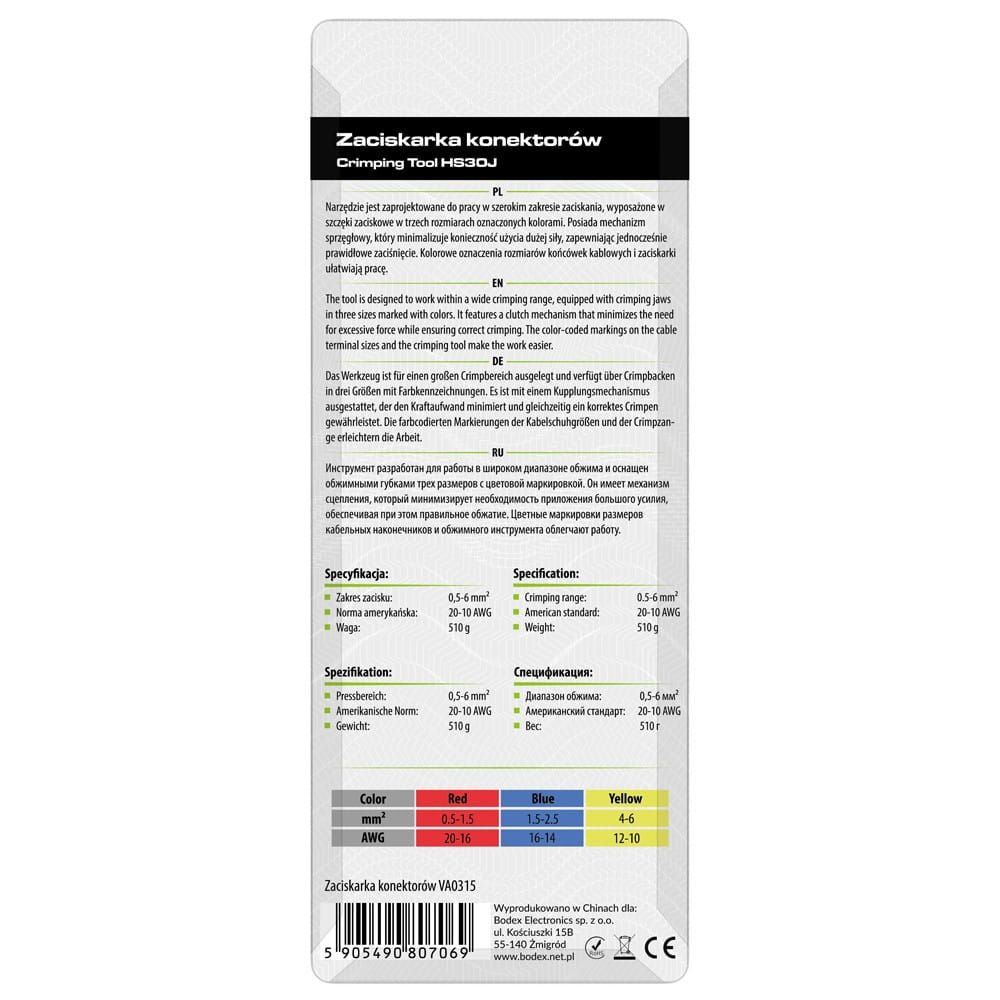 Verpackungsrückseite einer Crimpzange mit mehrsprachigen Beschreibungen, technischen Daten und Farbtabelle.