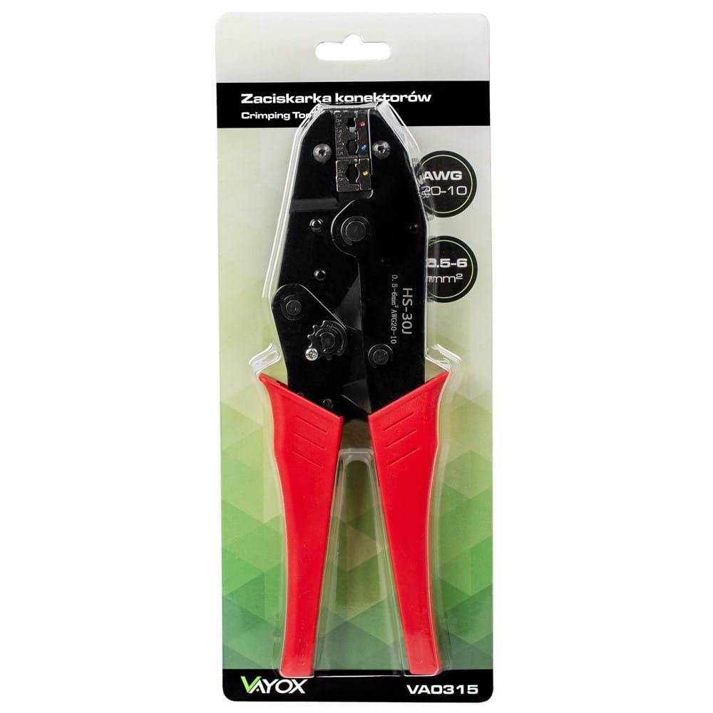 Schwarze Cripzange mit roten Griffen in Blisterverpackung.