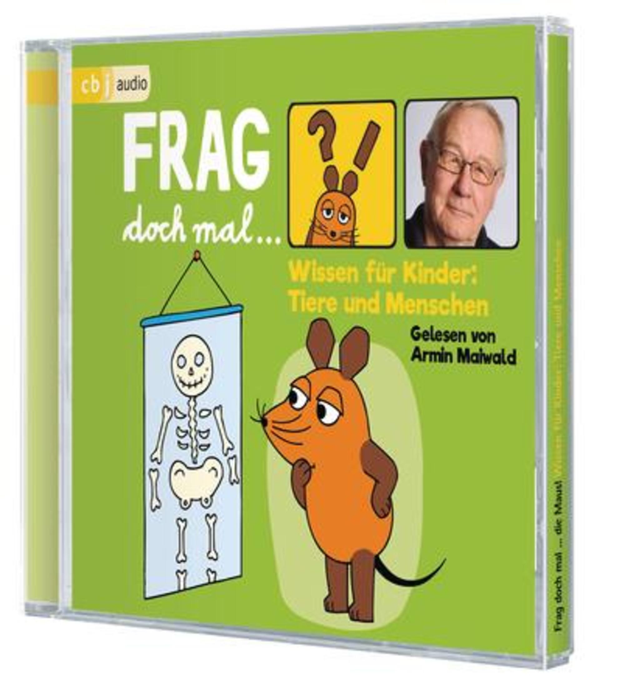 CD-Hülle mit Zeichentrickmaus, Skelettposter und Armin Maiwald auf grünem Hintergrund.