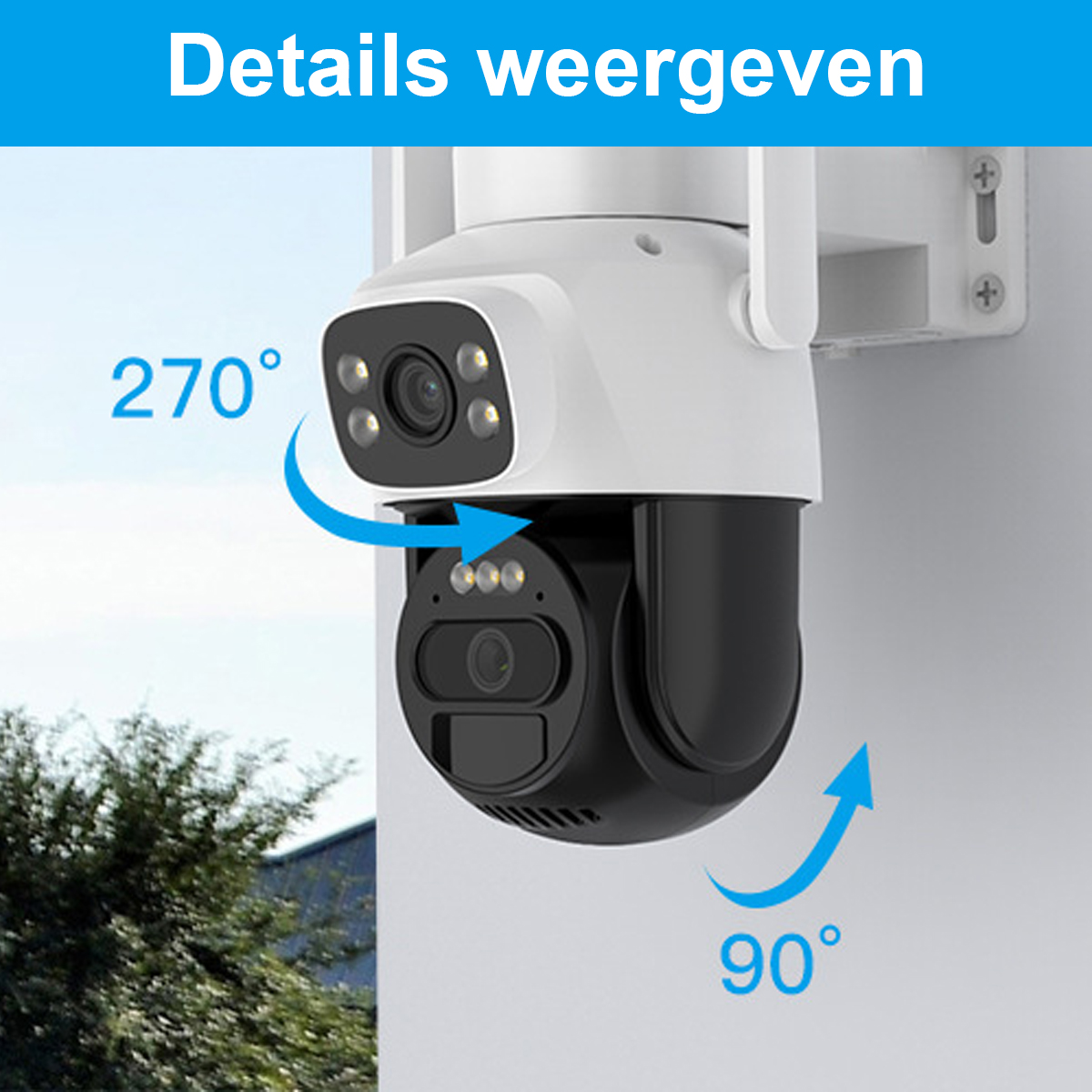 Weiß-schwarze Überwachungskamera an einer Wand mit blauen Rotationspfeilen für 270 und 90 Grad.
