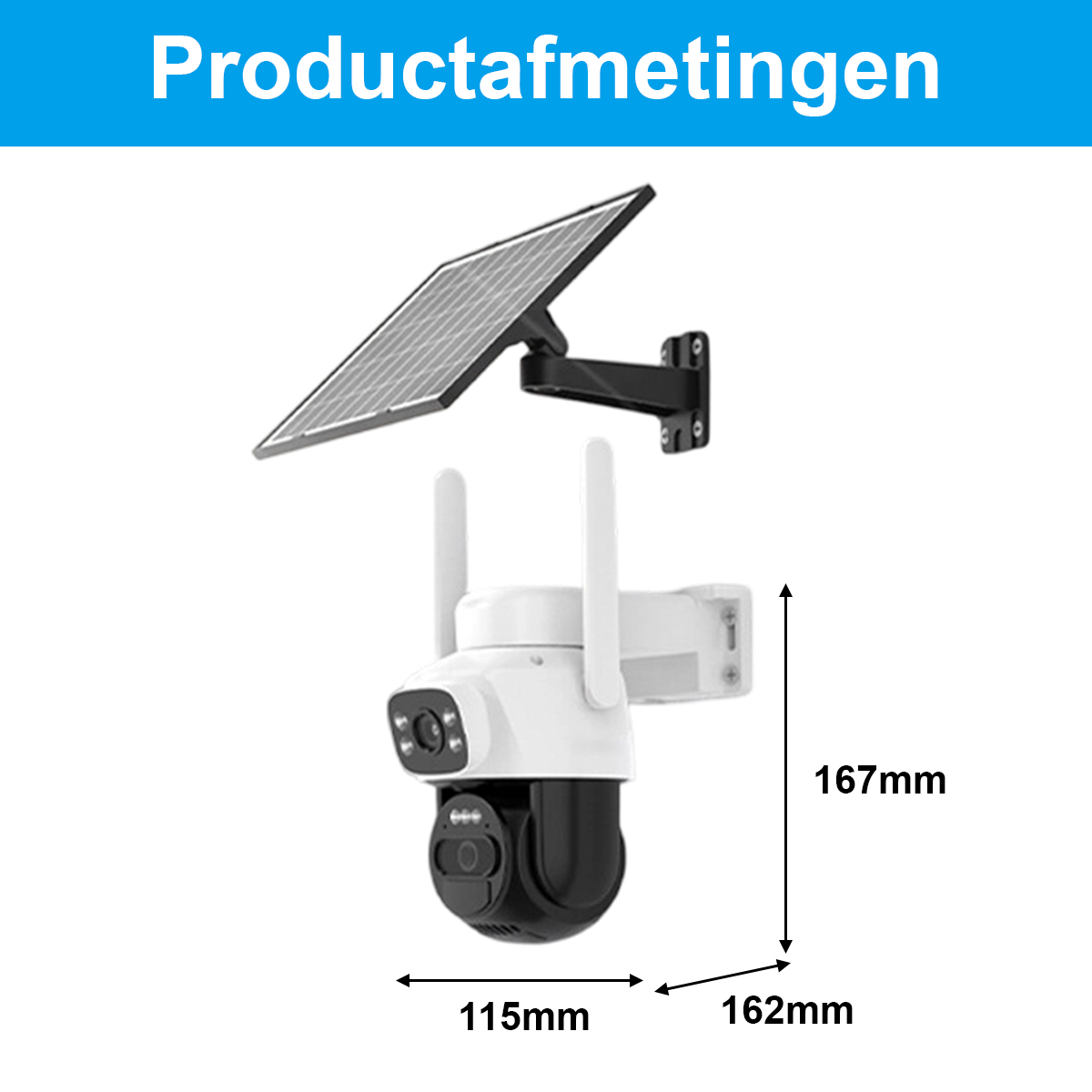 Technische Zeichnung mit Maßangaben für eine weiße Überwachungskamera mit Solarpanel.