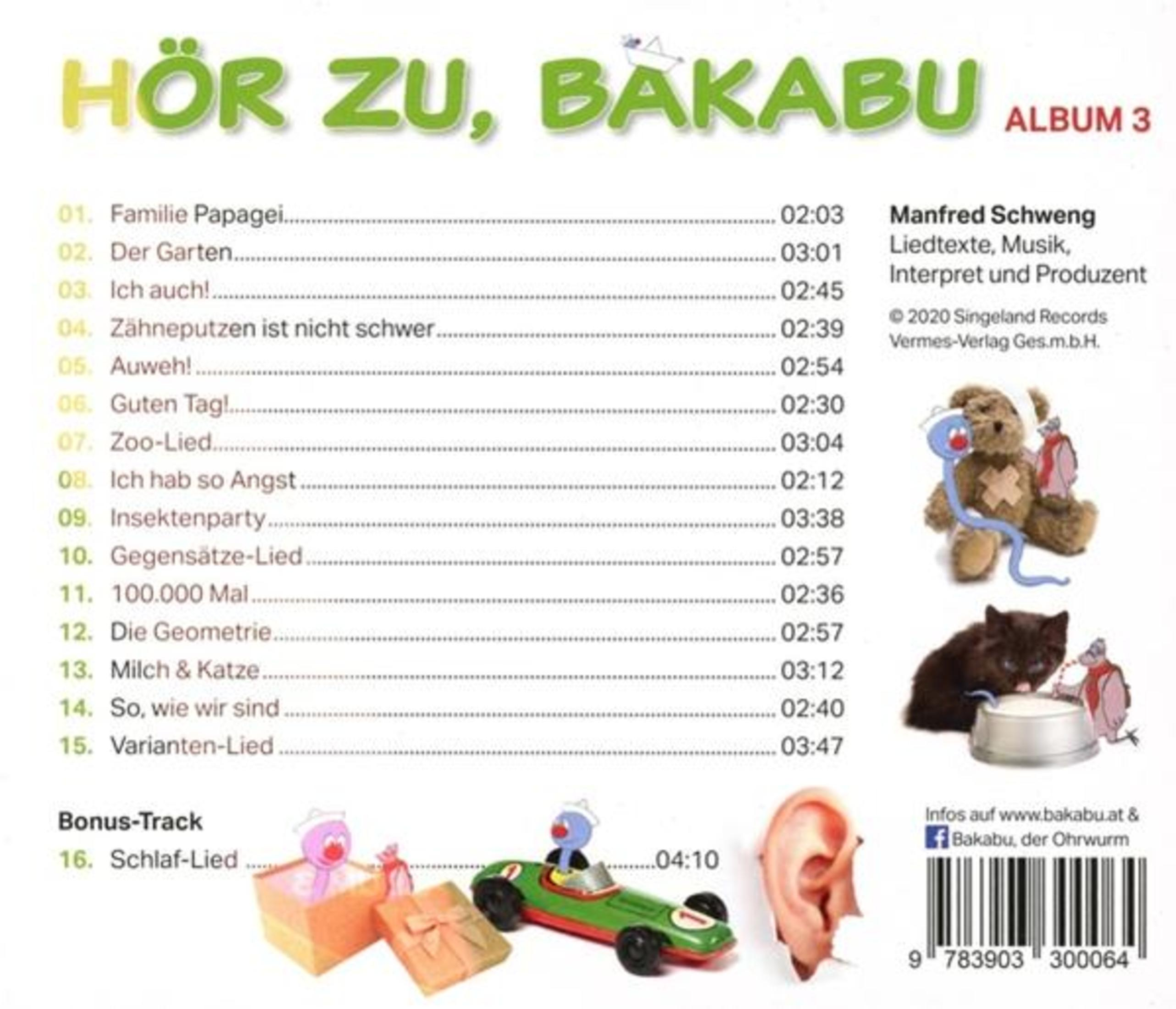 CD-Rückseite von Hör zu, Bakabu Album 3 mit Titelliste, Teddybär, milchtrinkender Katze, Spielzeugauto und Barcode.