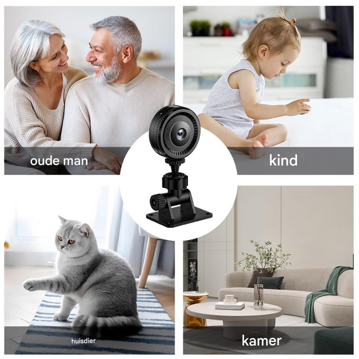 Eine runde Überwachungskamera im Zentrum, umgeben von Bildern älterer Menschen, einem Kleinkind, einer Katze und einem Raum.
