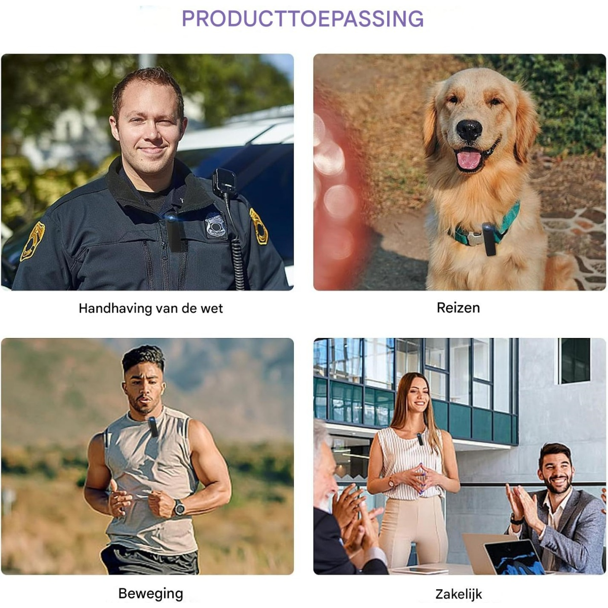 Vier Bilder zeigen die Nutzung eines kleinen Geräts von Polizei, Hund, Läufer und Geschäftsleuten.