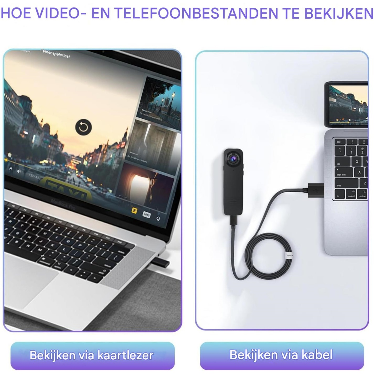 Anleitung zur Videowiedergabe auf einem Laptop mit Kartenleser oder Kabel.