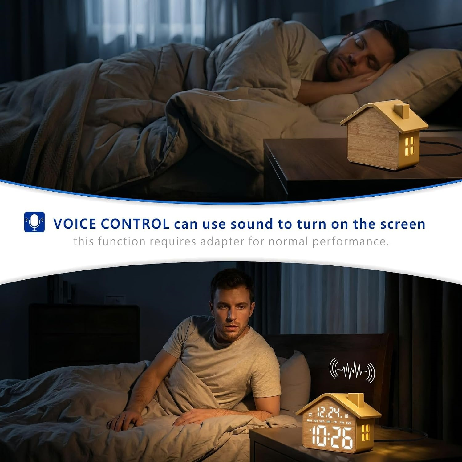 Ein Mann schläft im Bett, daneben steht ein wecker in Hausform auf dem Nachttisch; unten aktiviert ein Geräusch das Display.