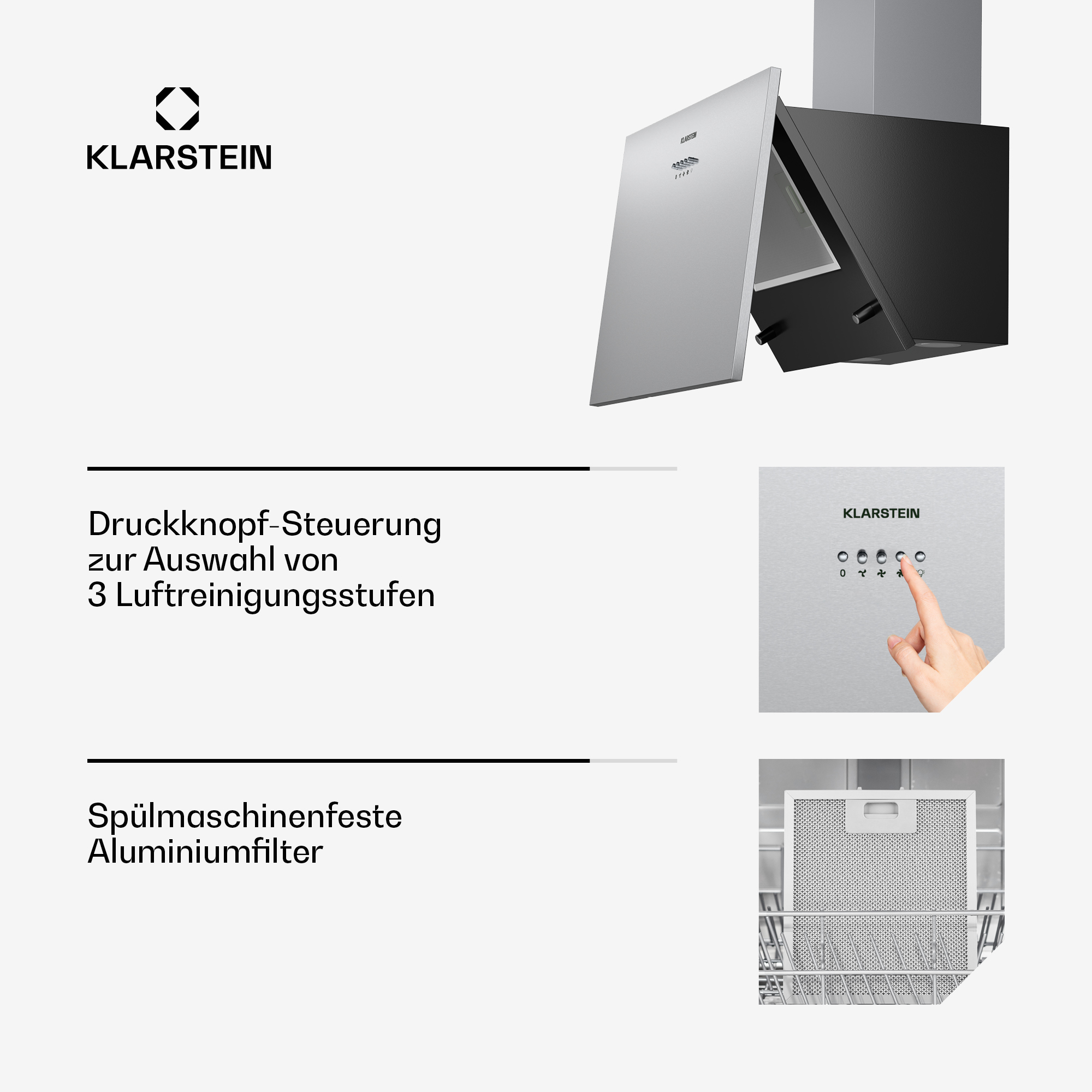 Klarstein Dunstabzugshaube mit Drucktastensteuerung und spülmaschinenfestem Aluminiumfilter.